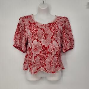 Solitaire Red Floral Embroidered Round Neck Bell Sleeve Boho Peasant Top Women M